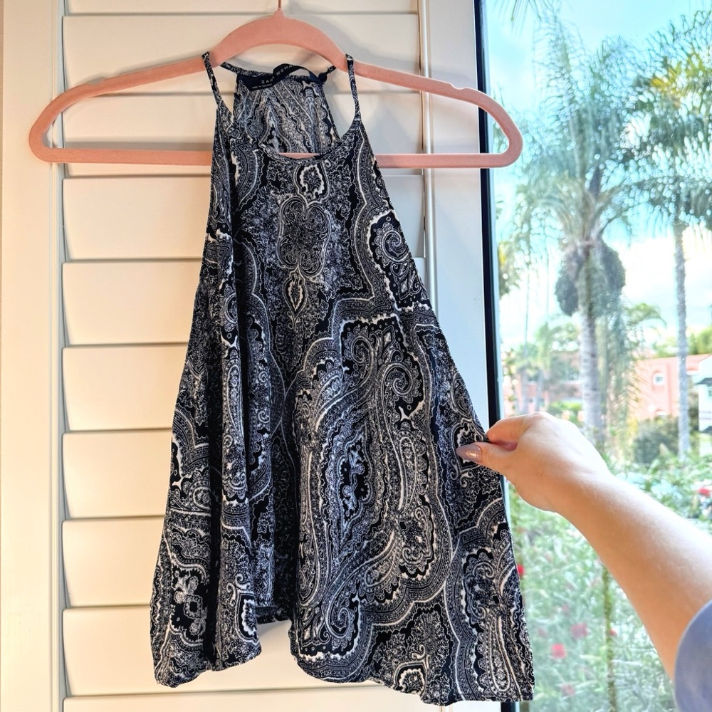Zara boho paisley halter neck swing crop top in black & white size xs